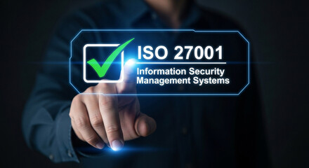 Person touching a digital screen displaying iso 27001 information security management systems certification