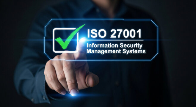 Person touching a digital screen displaying iso 27001 information security management systems certification