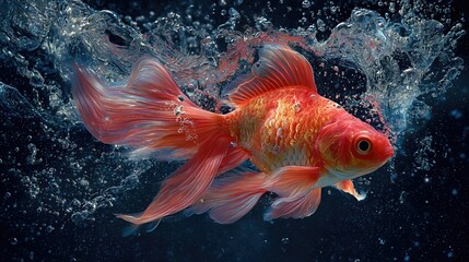 A single red goldfish swims gracefully through water, surrounded by bubbles and splashes, glowing against a deep black background.

