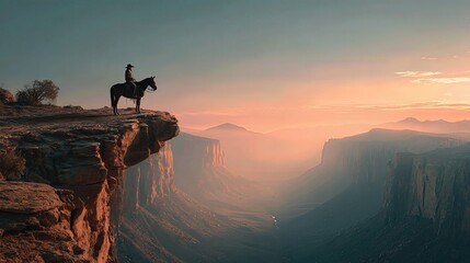 A lone cowboy on horseback gazes across a glowing canyon at sunset, silhouetted against the vast western sky from a dramatic cliff edge.
