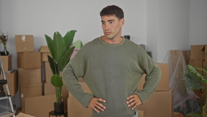 Young man stands with hands on hips beside stacked cardboard boxes in building interior wearing...