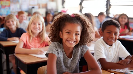 Happy schoolchildren returning to the classroom for a new academic year, celebrating learning and friendship