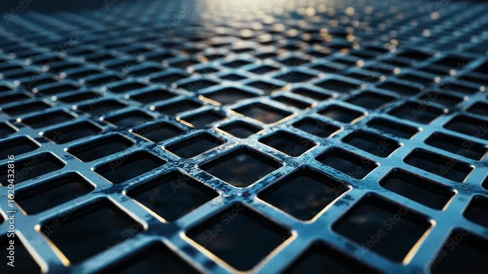 Poster metal grid creating repeating square pattern with light reflections