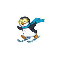 Cute cartoon penguin character on skis isolated PNG with Transparent Background
