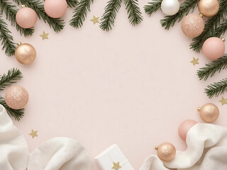 Soft Pink Christmas Frame with Rose Gold Ornaments Pine Branches and Fabric