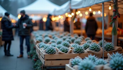 Winter Market Scene with Succulents and Festive Lights on a Cold Day
