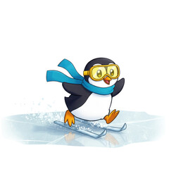 Cartoon penguin skiing on ice with scarf and goggles isolated PNG with Transparent Background