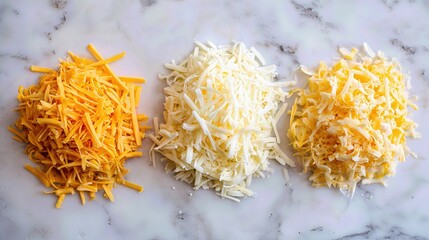 Three mounds of finely shredded cheese rest on a marble surface, arranged for cooking or recipe prep in a clean, bright kitchen.
