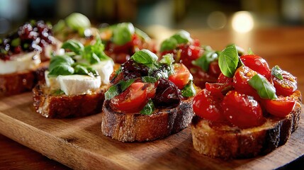 A variety of tomato and basil bruschetta is arranged on a rustic wooden board, bathed in warm natural light for an inviting presentation.
