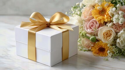 A white gift box tied with a gold ribbon sits beside a fresh bouquet of flowers on a clean white surface, evoking elegance and celebration.
