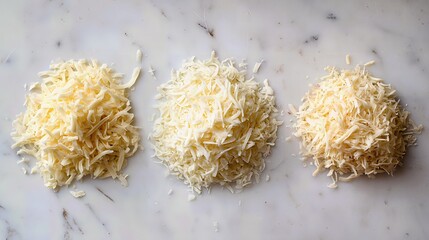 Three mounds of finely shredded cheese rest on a marble surface, arranged for cooking or recipe prep in a clean, bright kitchen.
