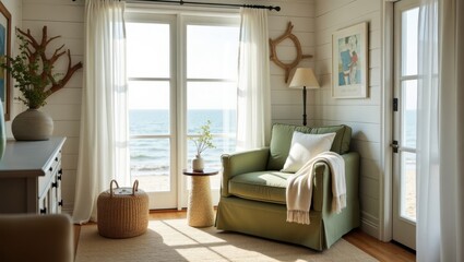 Coastal Living Room Retreat with Ocean View and Comfortable Green Armchair