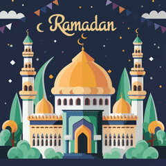 illustrations vector icon collection of Ramadan Islamic symbols items and a mosque.

