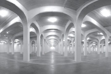 Empty industrial space with large arches and bright lighting ideal for events and exhibitions