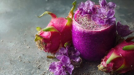 A vibrant dragon fruit smoothie sits on a textured surface, surrounded by fresh dragon fruit slices and delicate purple flowers for a tropical touch.
