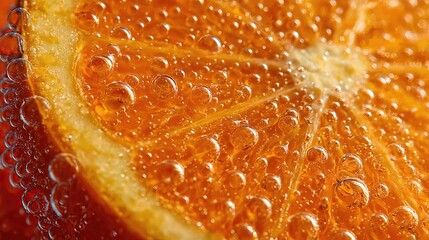 A close-up of a fresh orange slice reveals sparkling bubbles clinging to its surface, enhancing its juicy, sunlit vibrancy.
