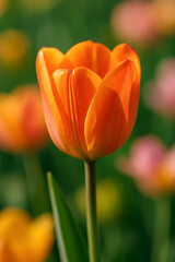 Vibrant orange tulip blooming in a colorful flower garden