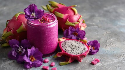 A vibrant dragon fruit smoothie sits on a textured surface, surrounded by fresh dragon fruit slices and delicate purple flowers for a tropical touch.

