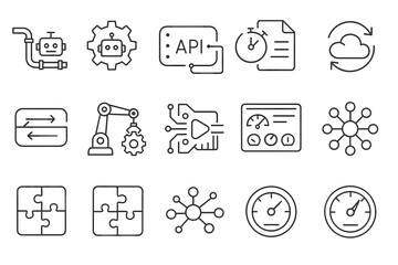 Fototapeta premium Technology, network, and api line icon set. robotics and cloud outline icons