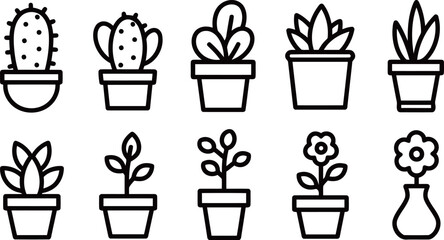 Collection of potted plants and flowers in minimalist outline icons, showcasing various indoor and outdoor greenery.
