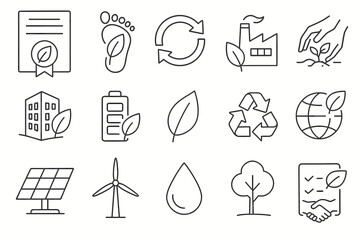 Fototapeta premium Eco-conscious linear icon set. sustainability, environment, renewable energy icons