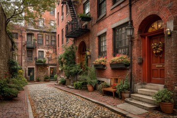 Fototapeta premium Charming cobblestone alley in historic neighborhood with brick buildings and planters in autumn