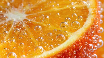 A close-up of a fresh orange slice reveals sparkling bubbles clinging to its surface, enhancing its juicy, sunlit vibrancy.
