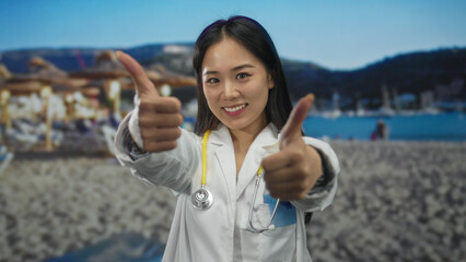Smiling young chinese woman doctor with stethoscope gives thumbs up on a beautiful sunny beach,...