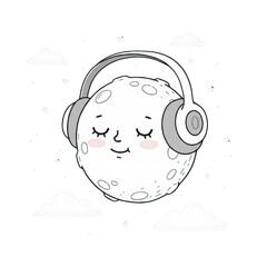 Smiling moon wearing headphones, listening to music isolated PNG with Transparent Background