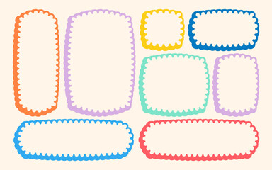 Frames Scalloped Vector Corrugated Bento Grid Shapes Set. Scallop Frame Wavy Retro Stickers Collection. Zig Zag Edge Geometric Borders Tag Boxes. Wiggle Line Design Sign Background. Isolated