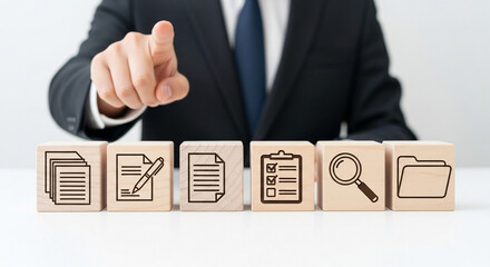 Business professional pointing at document icons on wooden blocks