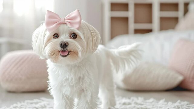 Fluffy Maltese dog with pink bow standing in cozy indoor setting  