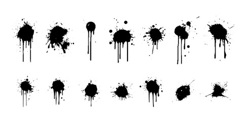 Paint Splash Ink Drips Illustrations Set. Spray Blots Splashes Black Graffiti Brush Strokes Vector Inkblot Spots Collection. Inky Grunge Texture Design Elements with Dirty Dusty Effect. Liquid Blobs