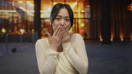 Young chinese woman outdoors blowing a kiss to the camera at night with colorful lights in the...