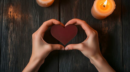 Hands holding a red heart shape with candles on a dark wooden surface creating a romantic atmosphere