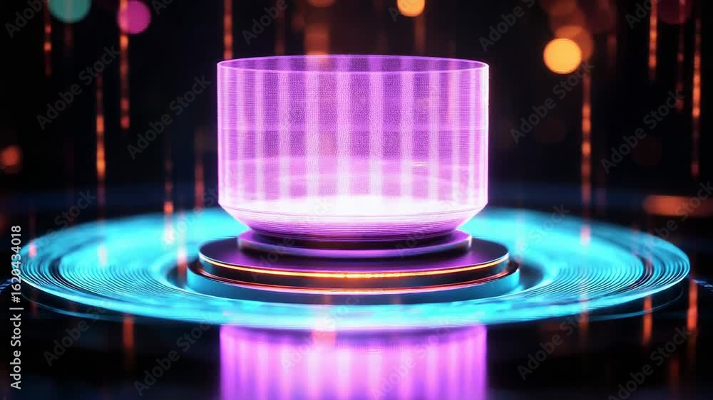 Aufkleber empty glass cylinder displaying futuristic hologram technology on illuminated circular platform