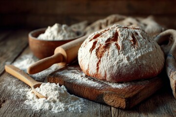 Freshly baked bread on rustic wooden surface with flour and rolling pin nearby