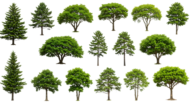 Collection of various green trees isolated on transparent background