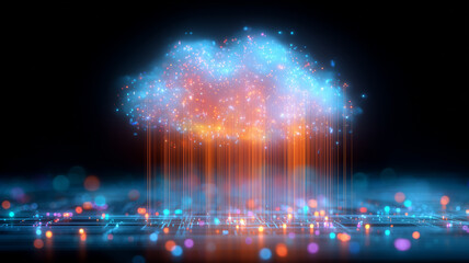 Sparkling data particles cascade through a luminous cloud icon,
depicting seamless cloud computing and the dynamic exchange of digital information.