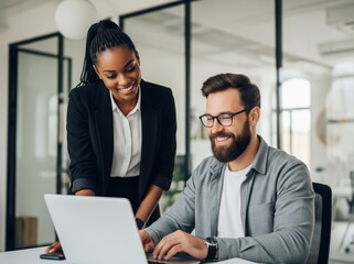 Woman and man business people working together in office