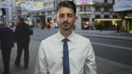 Young hispanic man presses hands together in white shirt and tie on busy city street during morning commute; hopeful.