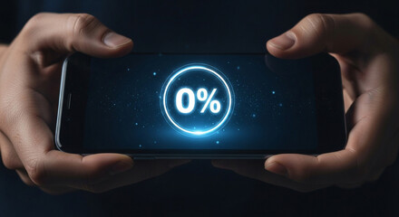 Person holding a smartphone displaying a zero percent charge indicator