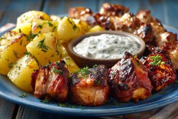 Grilled chicken and potatoes served with dipping sauce in a rustic setting