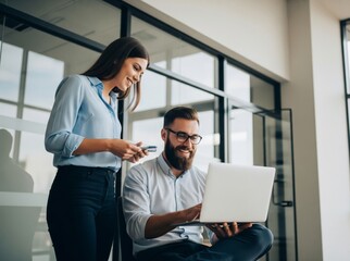 Woman and man business people working together in office