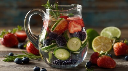 refreshing fruit infused detox water in clear glass pitcher on table