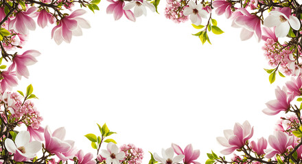 Obraz premium Delicate pink and white magnolia flowers in a border isolated on transparent background
