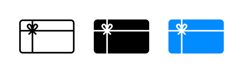 Gift card icons in outline, solid black, and blue styles with bow ribbon detail, representing present, celebration, e-gift, voucher, shopping, rewards, and festive occasion concepts