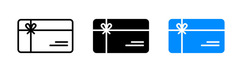 Gift card icons in outline, solid black, and blue styles with bow ribbon detail, representing present, celebration, e-gift, voucher, shopping, rewards, and festive occasion concepts