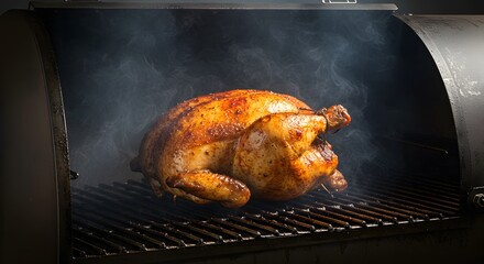 Smoked Whole Chicken on BBQ Grill, Delicious Golden Brown