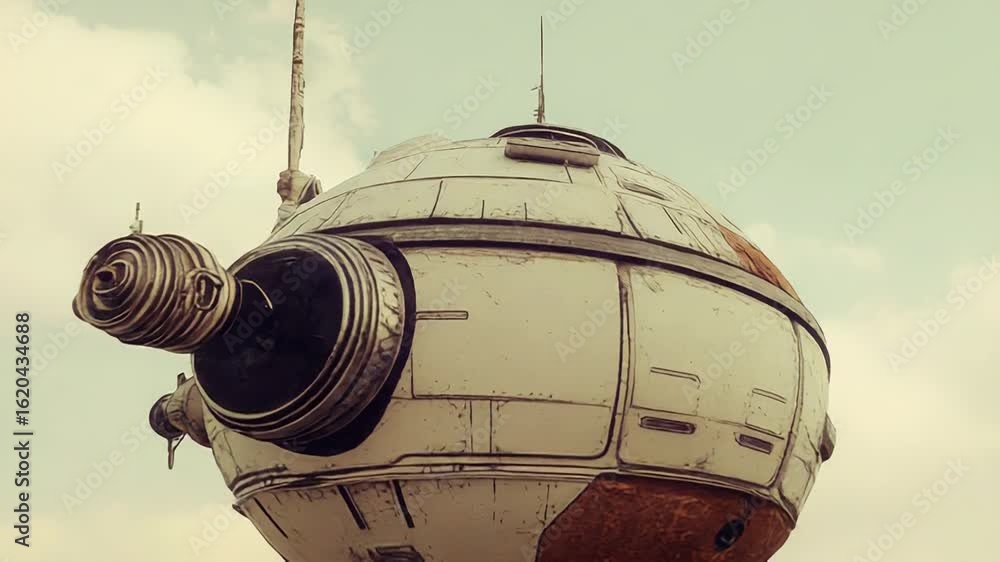 Poster Spherical spaceship floating in cloudy sky, exploring the universe